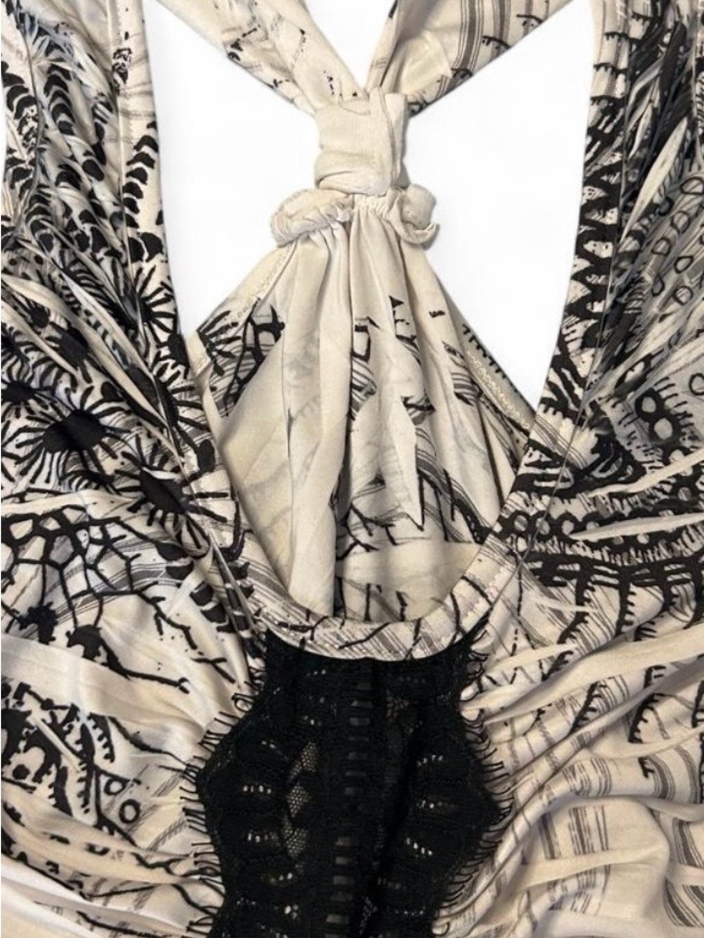 Tie-Back Black & Cream Printed Skirt with Lace Trim